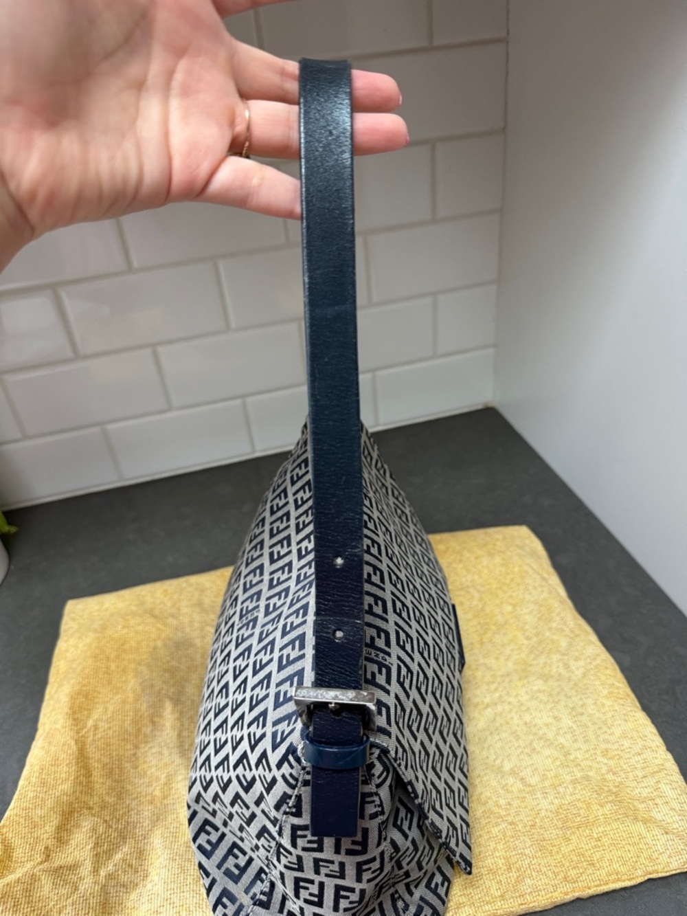 Fendi Zucca Mama Baguette Navy Blue Silver Hardware - Picture 5 of 12